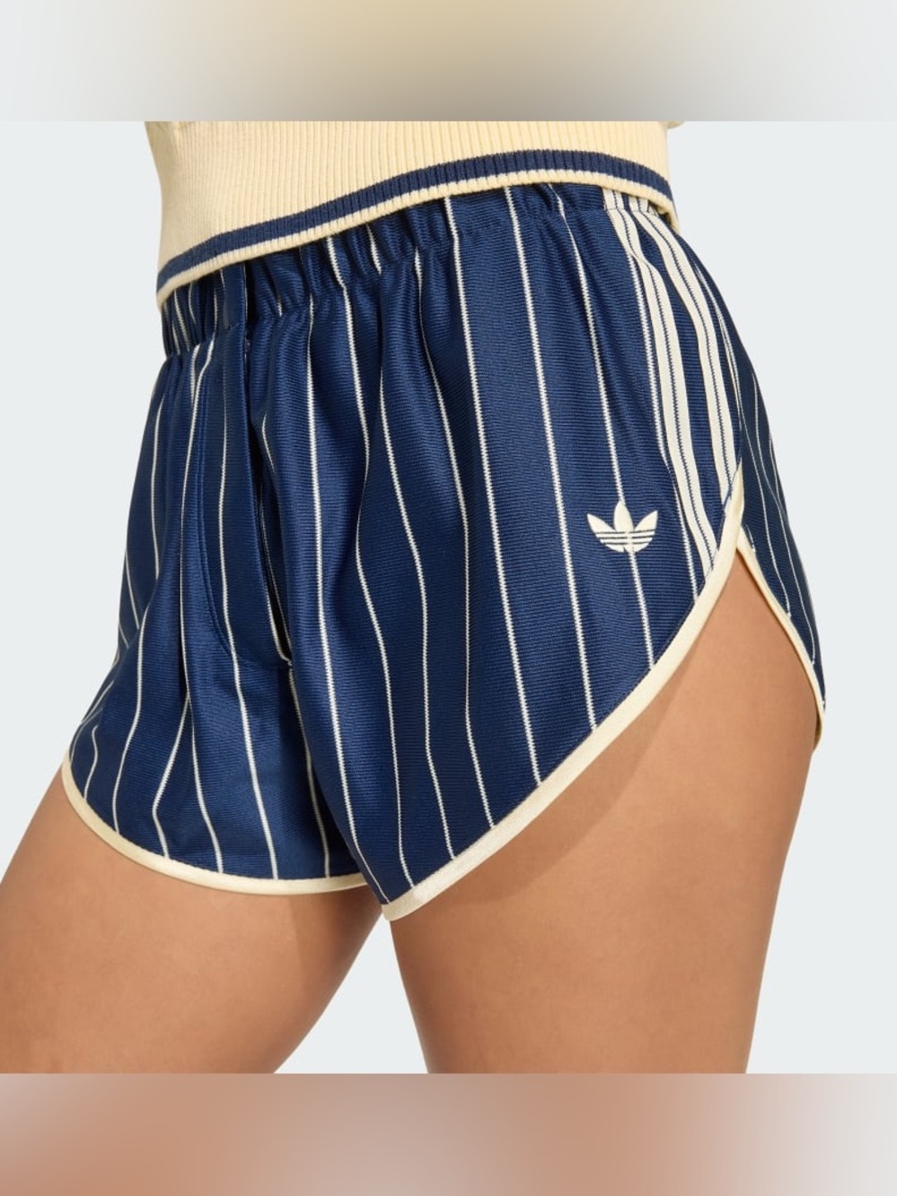 Adidas Originals Women’s Navy Pinstripe Firebird Shorts w Cream Trim, M, NWT - Picture 9 of 12